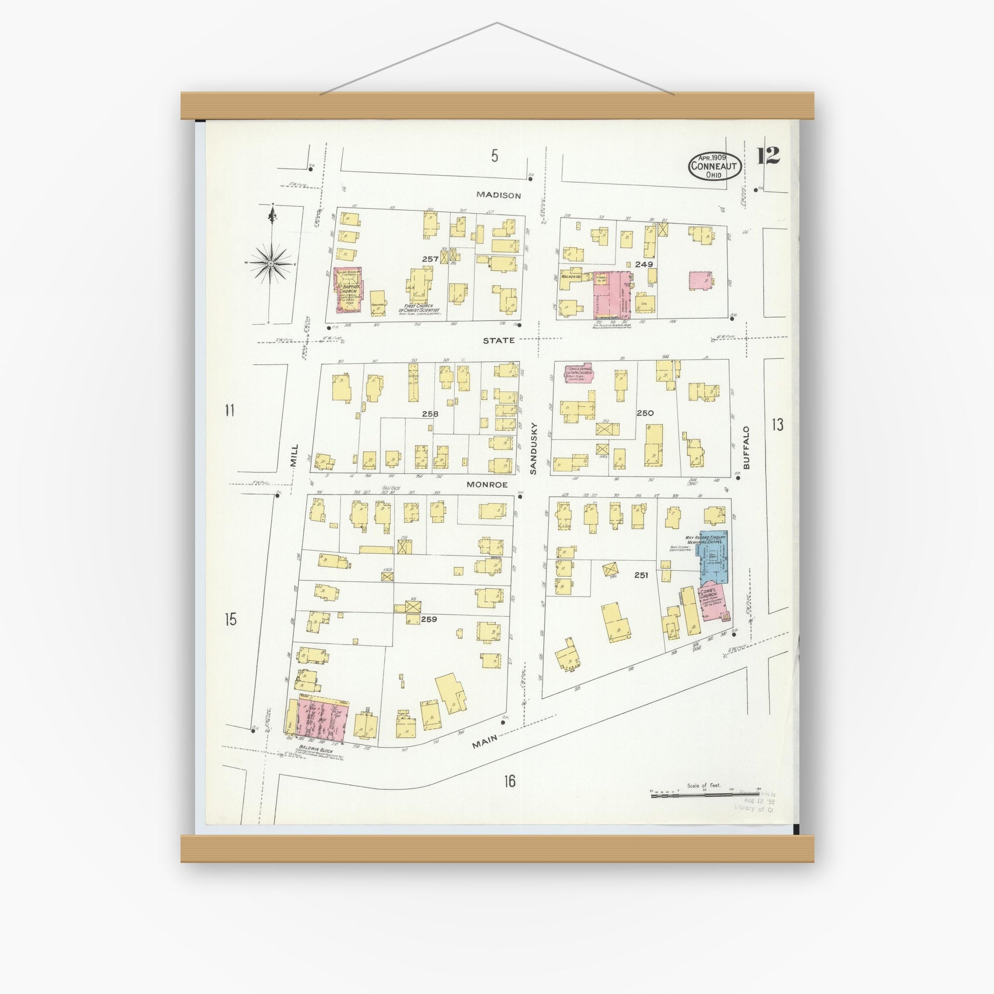 Old map wall art mockup — magnetic wood frame on white wall — Sanborn Fire Insurance Map from Conneaut, Ashtabula County, Ohio (1909), Sheet #0012
