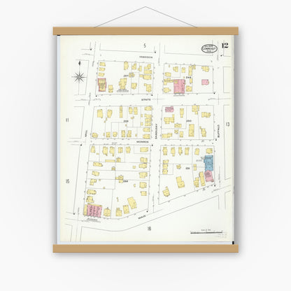 Old map wall art mockup — magnetic wood frame on white wall — Sanborn Fire Insurance Map from Conneaut, Ashtabula County, Ohio (1909), Sheet #0012