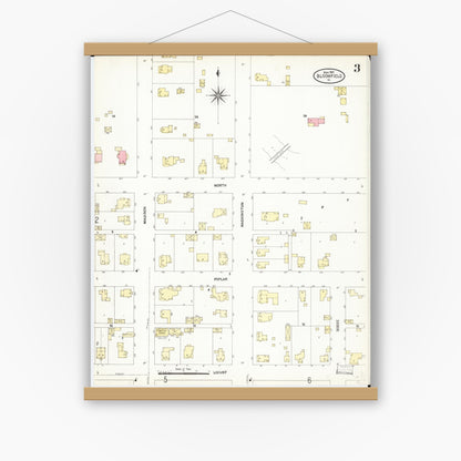 Old map wall art mockup — magnetic wood frame on white wall — Sanborn Fire Insurance Map from Bloomfield, Davis County, Iowa (1907), Sheet #0003
