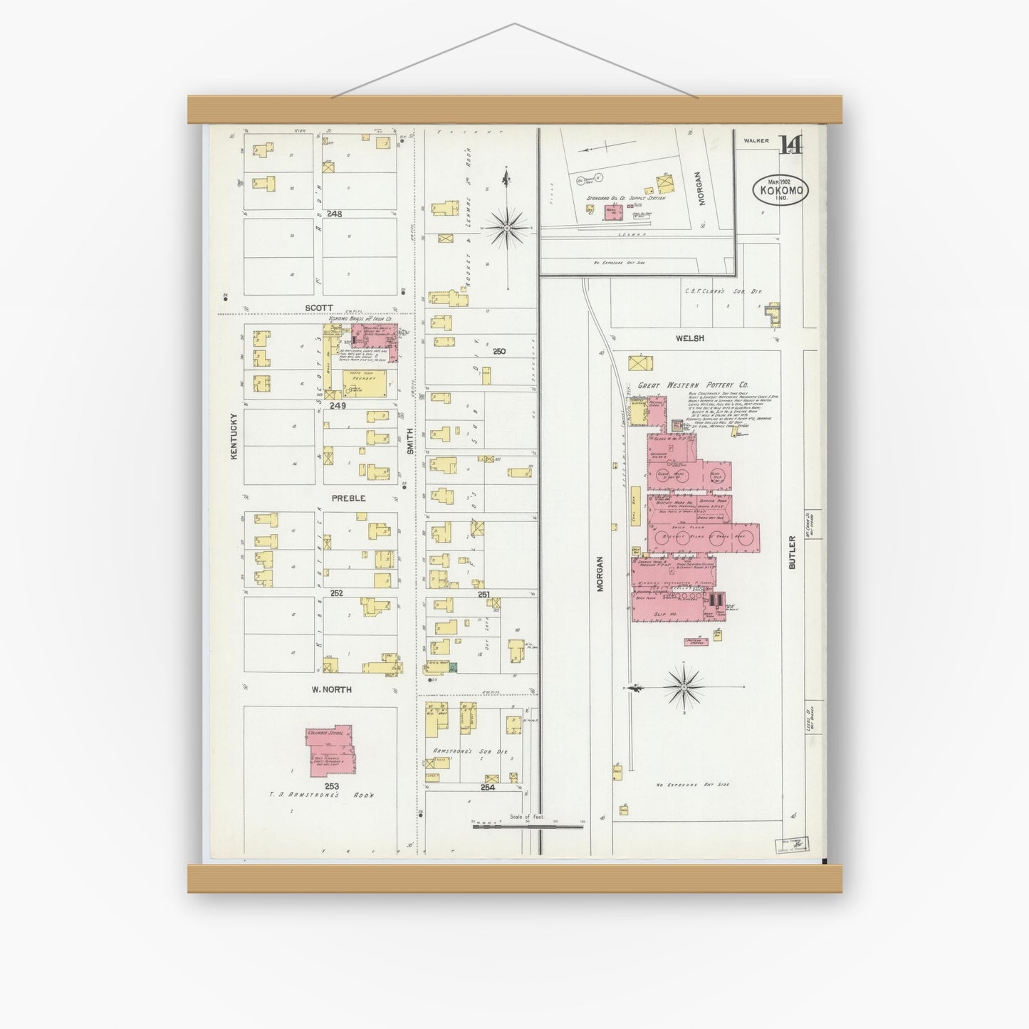 Old map wall art mockup — magnetic wood frame on white wall — Sanborn Fire Insurance Map from Kokomo, Howard County, Indiana (1902), Sheet #0014