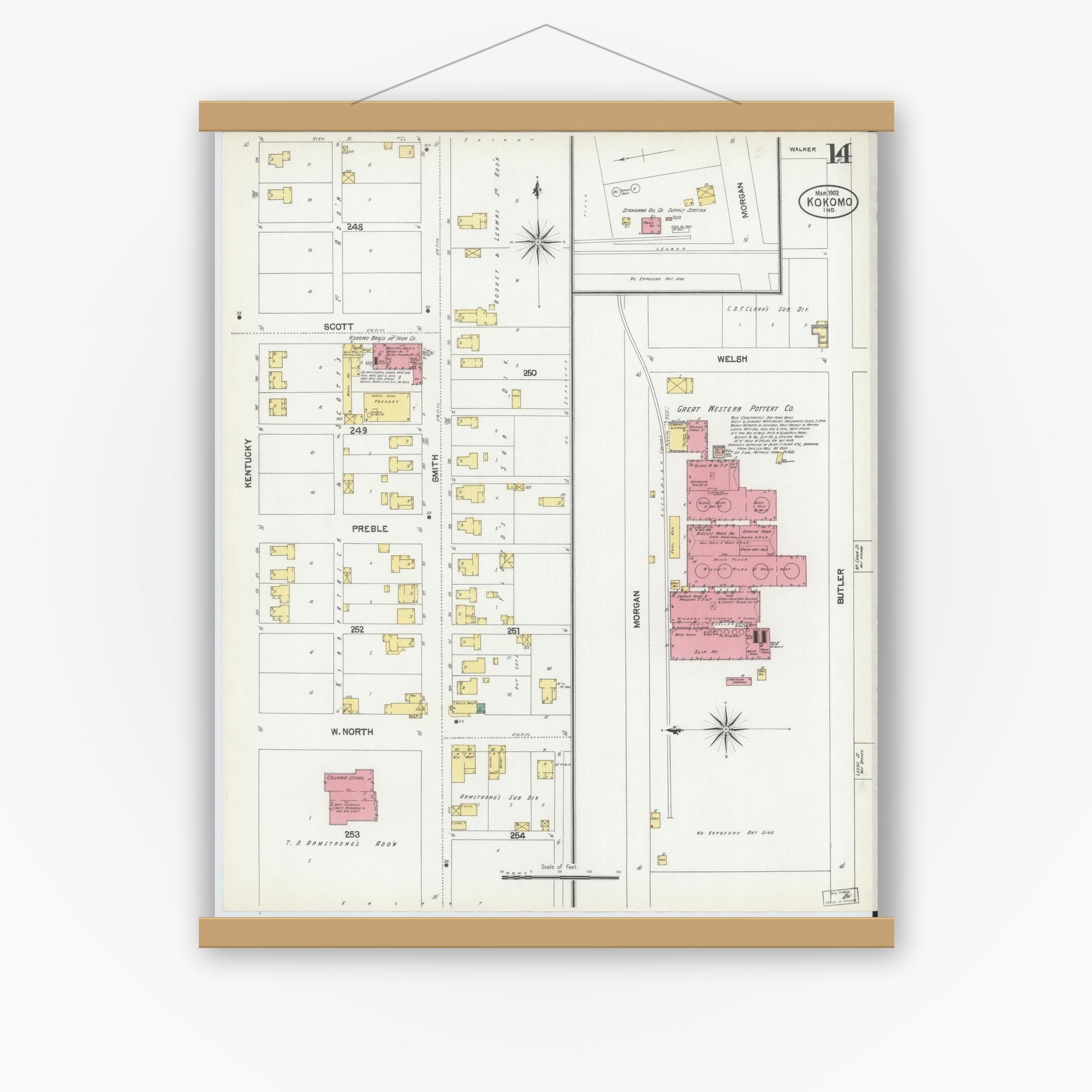 Old map wall art mockup — magnetic wood frame on white wall — Sanborn Fire Insurance Map from Kokomo, Howard County, Indiana (1902), Sheet #0014