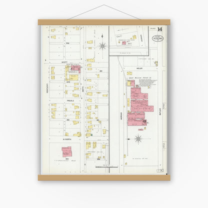 Old map wall art mockup — magnetic wood frame on white wall — Sanborn Fire Insurance Map from Kokomo, Howard County, Indiana (1902), Sheet #0014