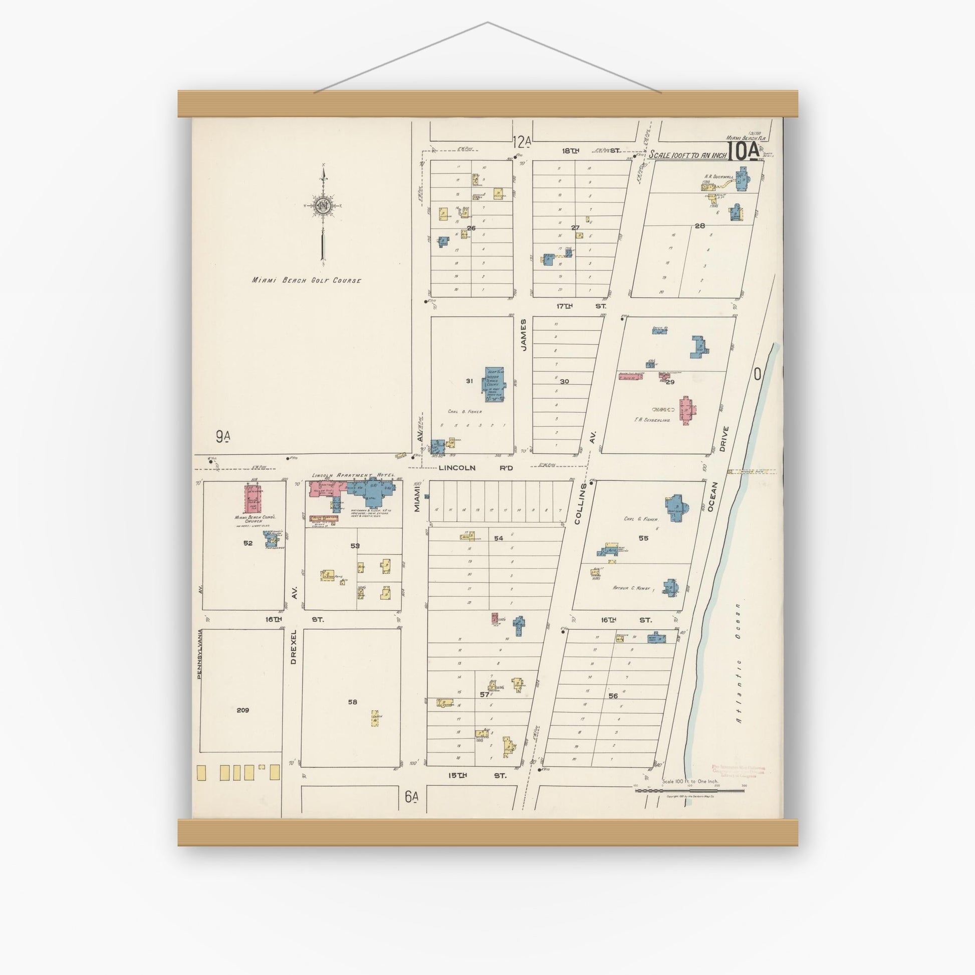Old map wall art mockup — magnetic wood frame on white wall — Sanborn Fire Insurance Map from Miami Beach, Dade County, Florida (1921), Sheet #0010