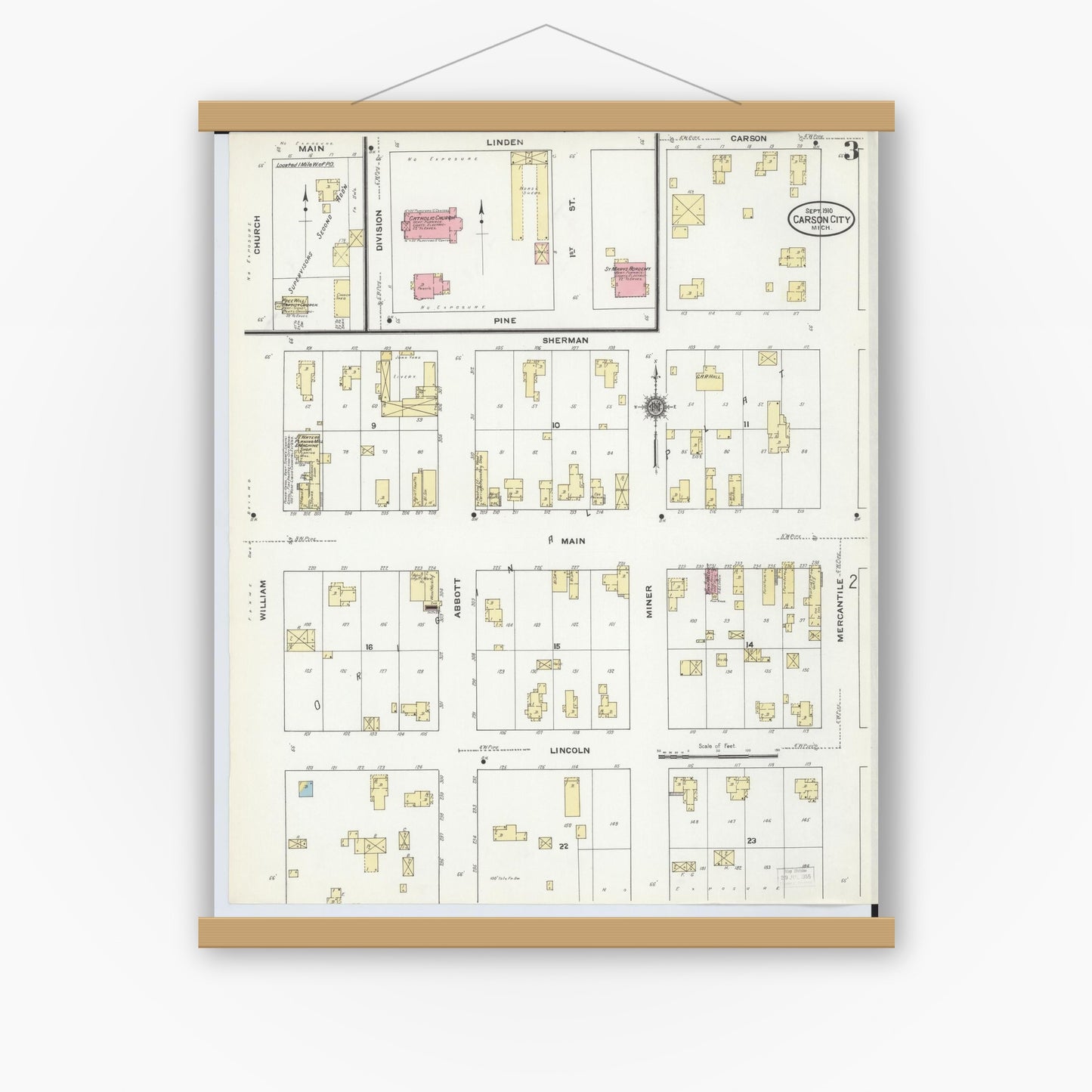 Old map wall art mockup — magnetic wood frame on white wall — Sanborn Fire Insurance Map from Carson City, Montcalm County, Michigan (1910), Sheet #0003