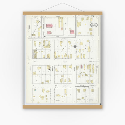Old map wall art mockup — magnetic wood frame on white wall — Sanborn Fire Insurance Map from Carson City, Montcalm County, Michigan (1910), Sheet #0003