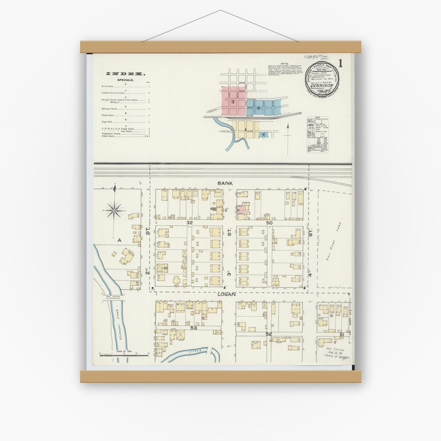 Old map wall art mockup — magnetic wood frame on white wall — Sanborn Fire Insurance Map from Dennison, Tuscarawas County, Ohio (1892), Sheet #0001