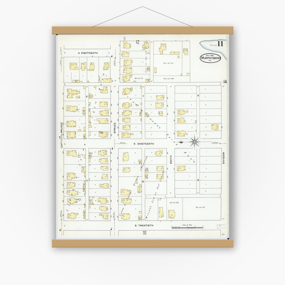 Old map wall art mockup — magnetic wood frame on white wall — Sanborn Fire Insurance Map from Murphysboro, Jackson County, Illinois (1909), Sheet #0011