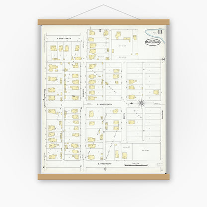Old map wall art mockup — magnetic wood frame on white wall — Sanborn Fire Insurance Map from Murphysboro, Jackson County, Illinois (1909), Sheet #0011