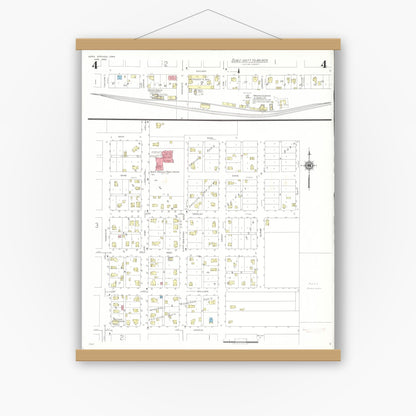 Old map wall art mockup — magnetic wood frame on white wall — Sanborn Fire Insurance Map from Nora Springs, Floyd County, Iowa (1942), Sheet #0004