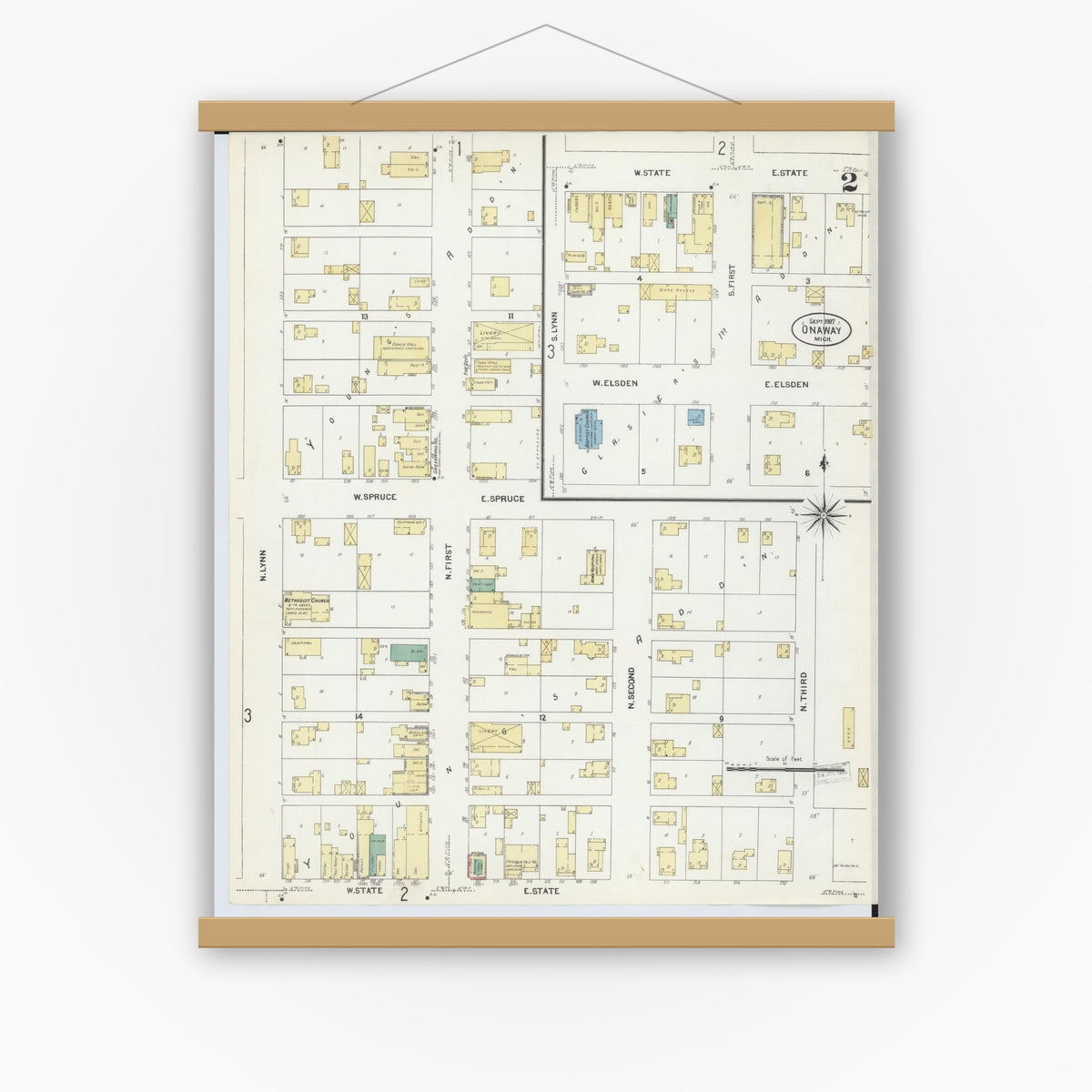 Old map wall art mockup — magnetic wood frame on white wall — Sanborn Fire Insurance Map from Onaway, Presque Isle County, Michigan (1907), Sheet #0002