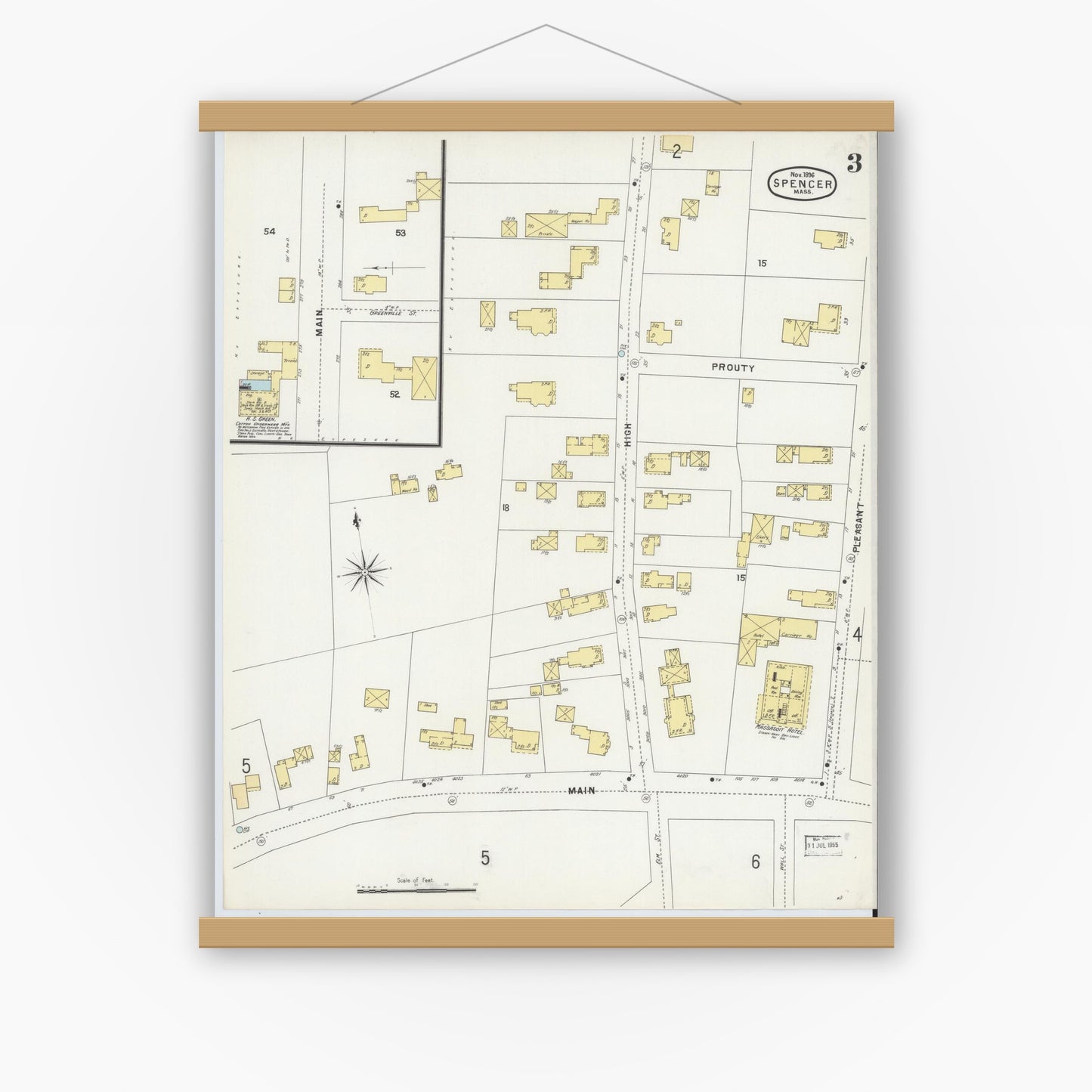 Old map wall art mockup — magnetic wood frame on white wall — Sanborn Fire Insurance Map from Spencer, Worcester County, Massachusetts (1896), Sheet #0003
