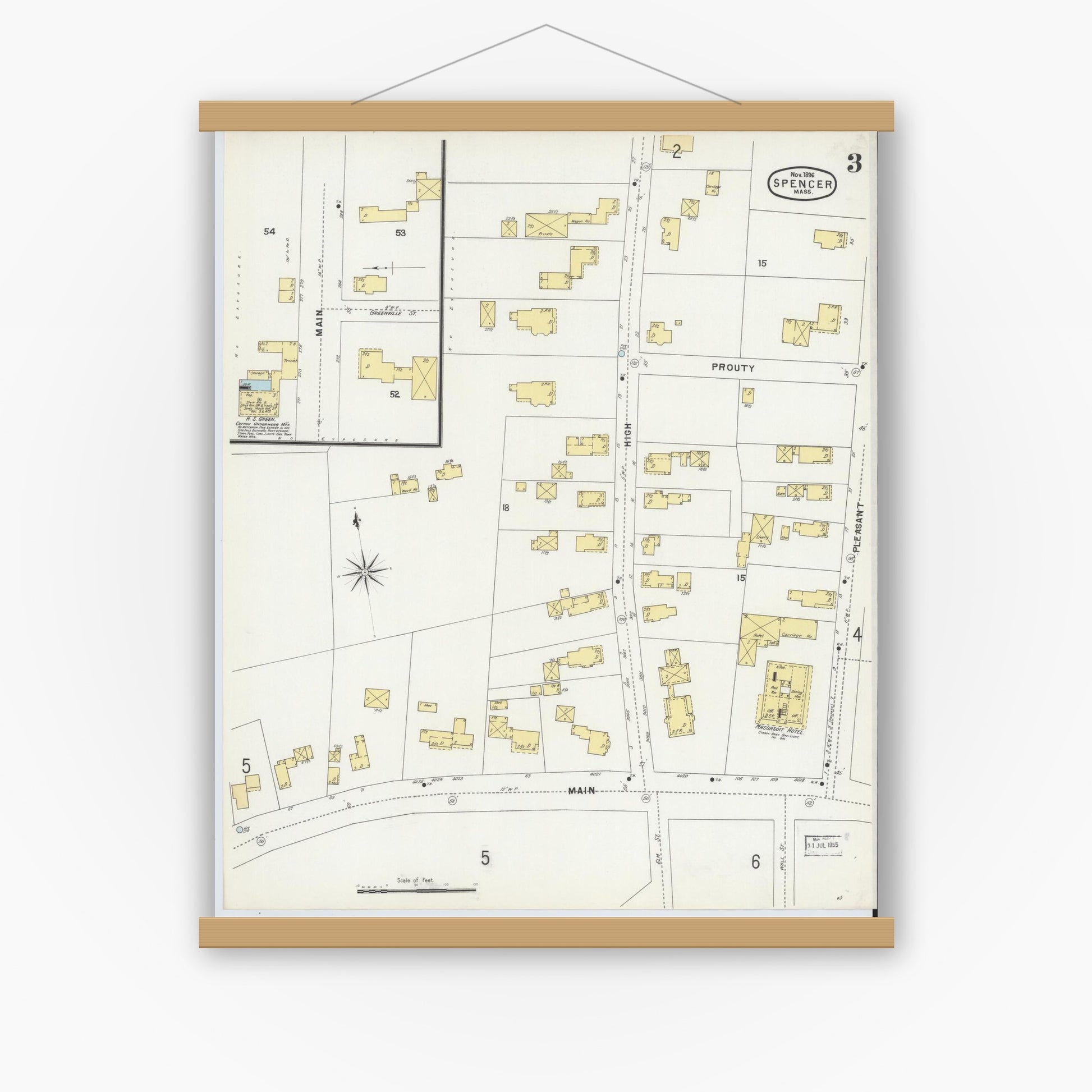 Old map wall art mockup — magnetic wood frame on white wall — Sanborn Fire Insurance Map from Spencer, Worcester County, Massachusetts (1896), Sheet #0003