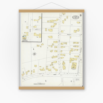 Old map wall art mockup — magnetic wood frame on white wall — Sanborn Fire Insurance Map from Spencer, Worcester County, Massachusetts (1896), Sheet #0003