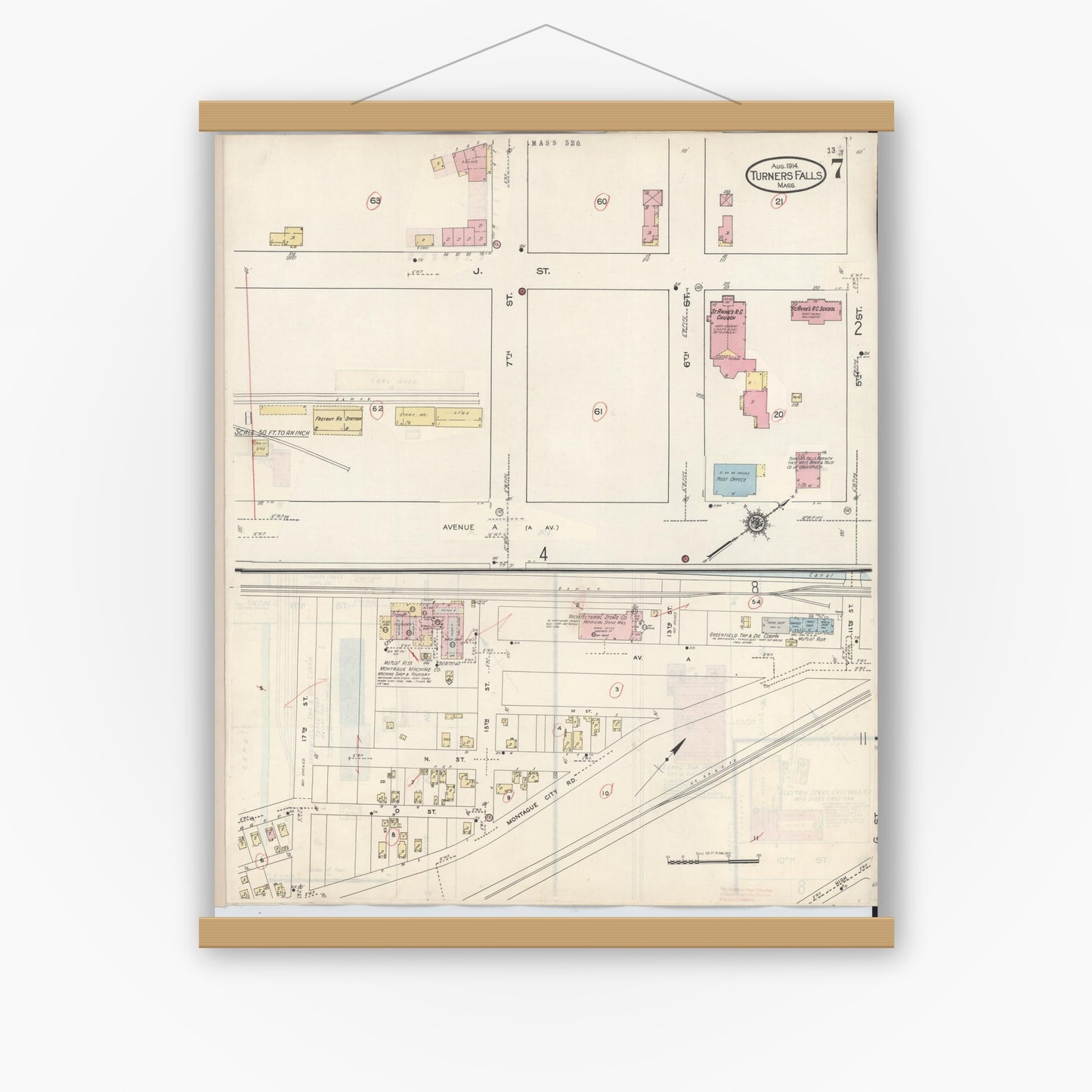 Old map wall art mockup — magnetic wood frame on white wall — Sanborn Fire Insurance Map from Turners Falls, Franklin County, Massachusetts (1940), Sheet #0007