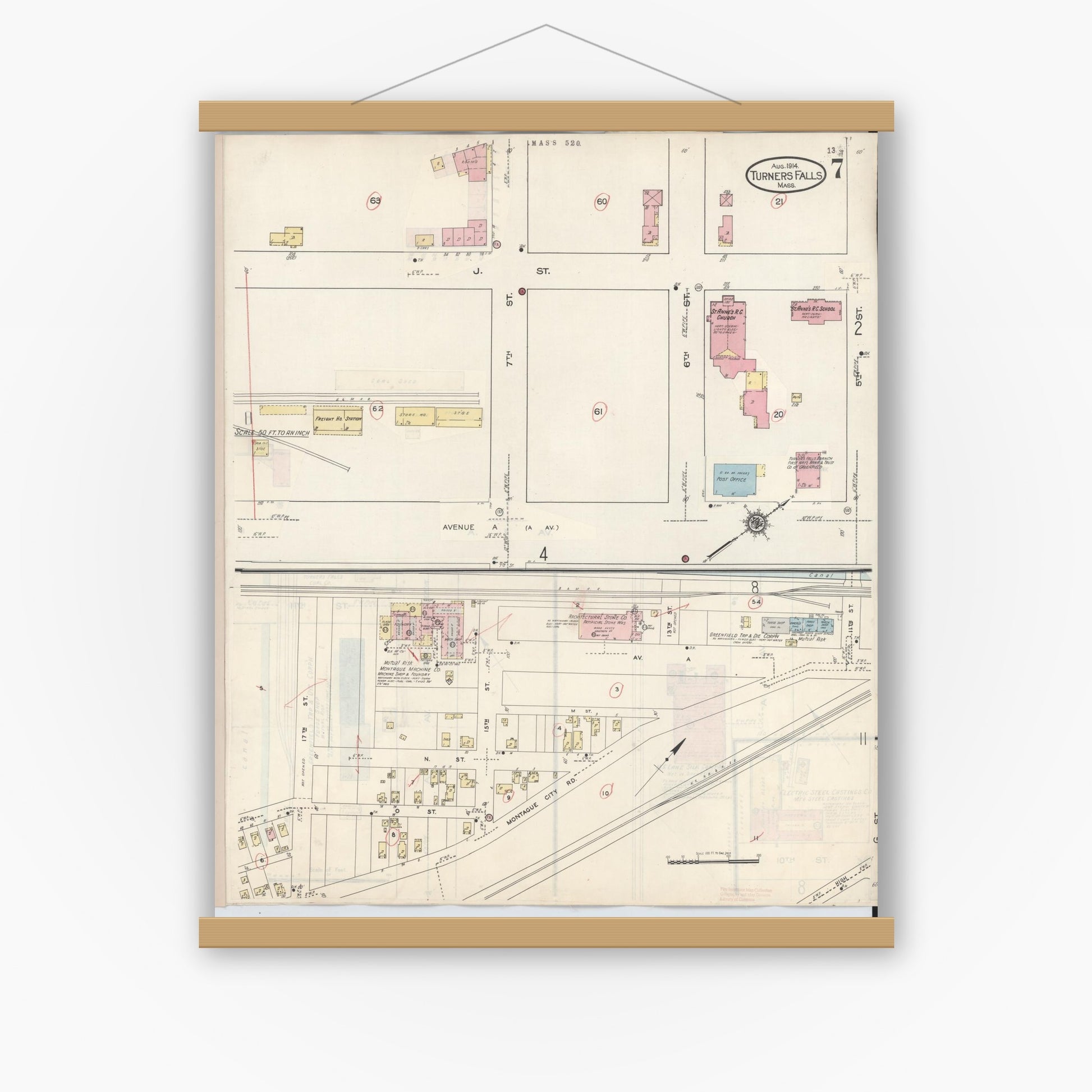 Old map wall art mockup — magnetic wood frame on white wall — Sanborn Fire Insurance Map from Turners Falls, Franklin County, Massachusetts (1940), Sheet #0007
