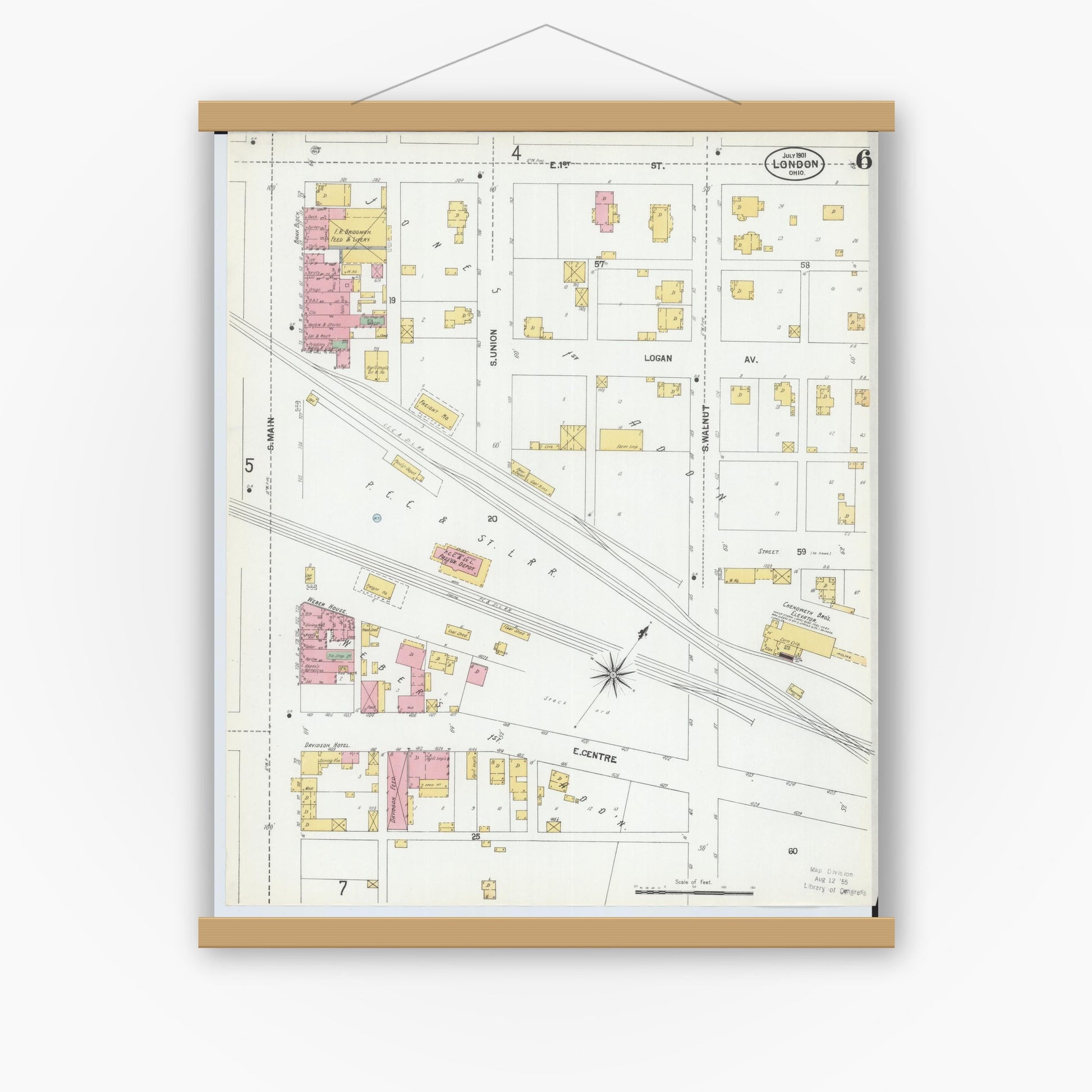 Old map wall art mockup — magnetic wood frame on white wall — Sanborn Fire Insurance Map from London, Madison County, Ohio (1901), Sheet #0006