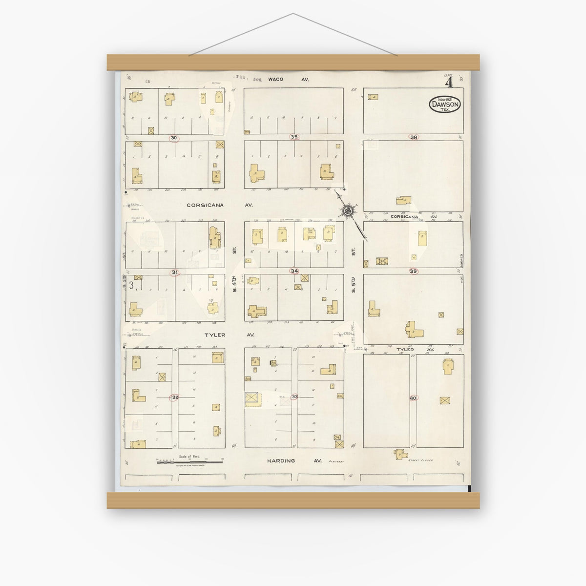 Old map wall art mockup — magnetic wood frame on white wall — Sanborn Fire Insurance Map from Dawson, Navarro County, Texas (1943), Sheet #0004