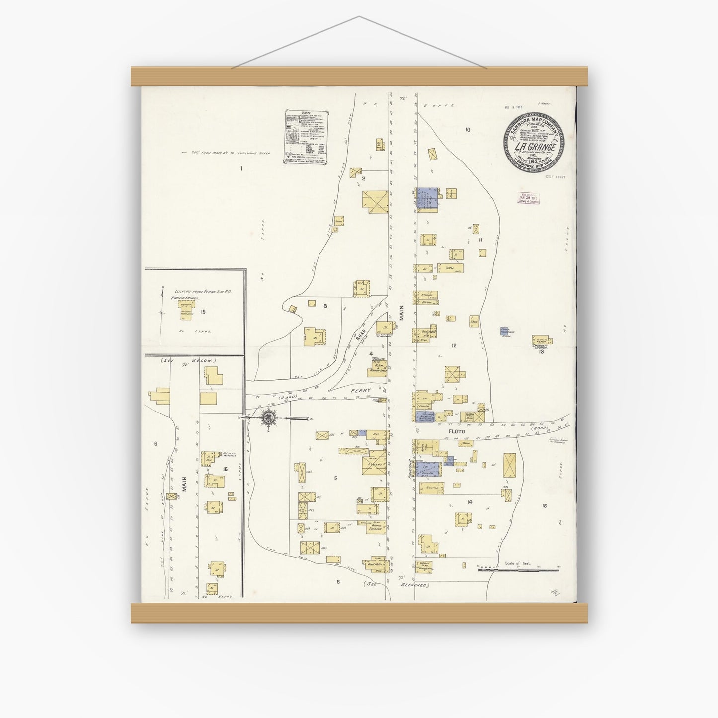Old map wall art mockup — magnetic wood frame on white wall — Sanborn Fire Insurance Map from La Grange, Stanislaus County, California (1910), Sheet #0001