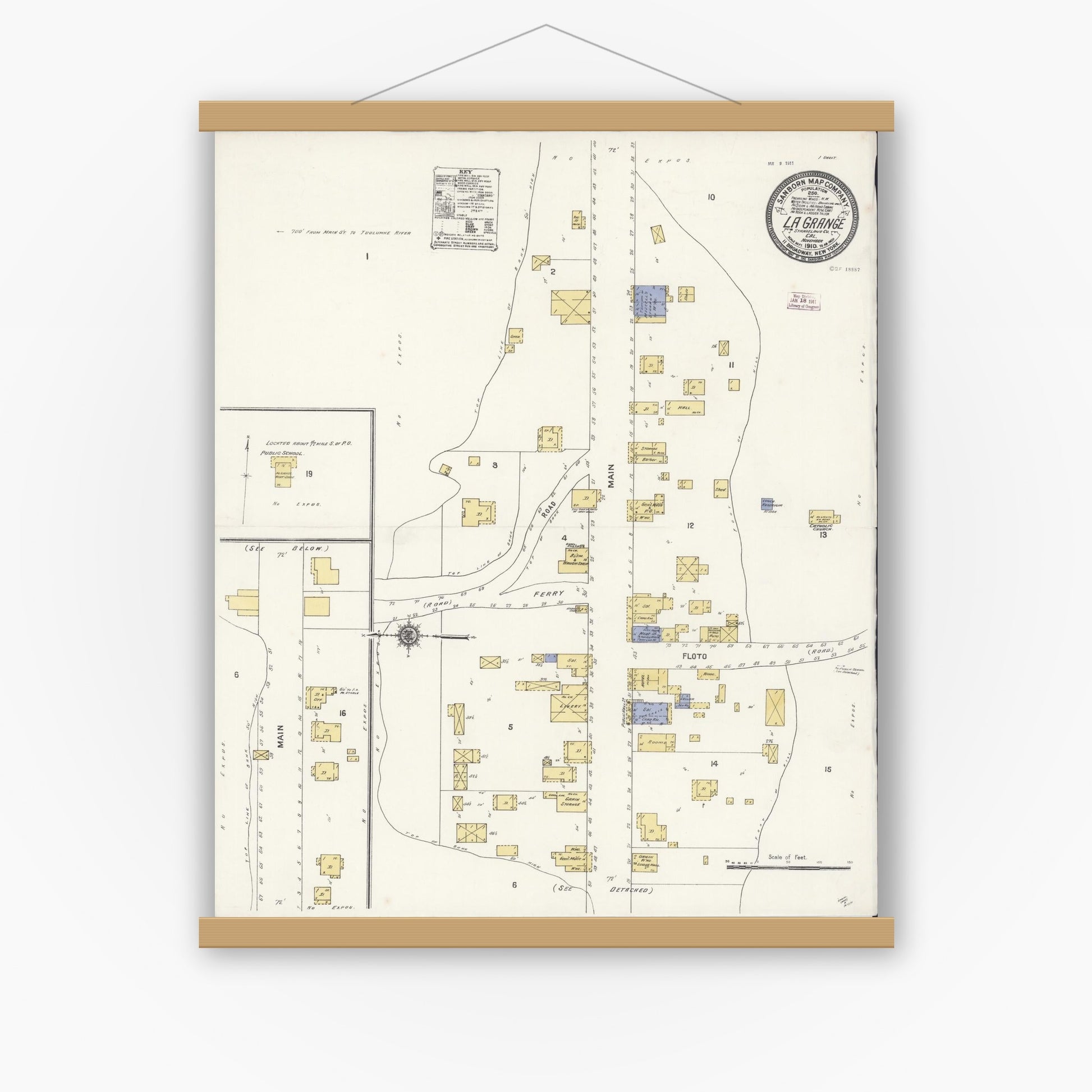 Old map wall art mockup — magnetic wood frame on white wall — Sanborn Fire Insurance Map from La Grange, Stanislaus County, California (1910), Sheet #0001
