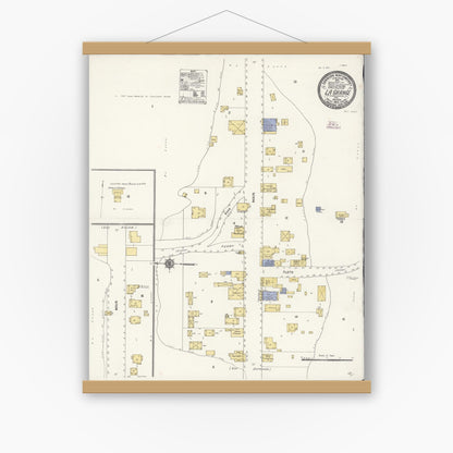 Old map wall art mockup — magnetic wood frame on white wall — Sanborn Fire Insurance Map from La Grange, Stanislaus County, California (1910), Sheet #0001