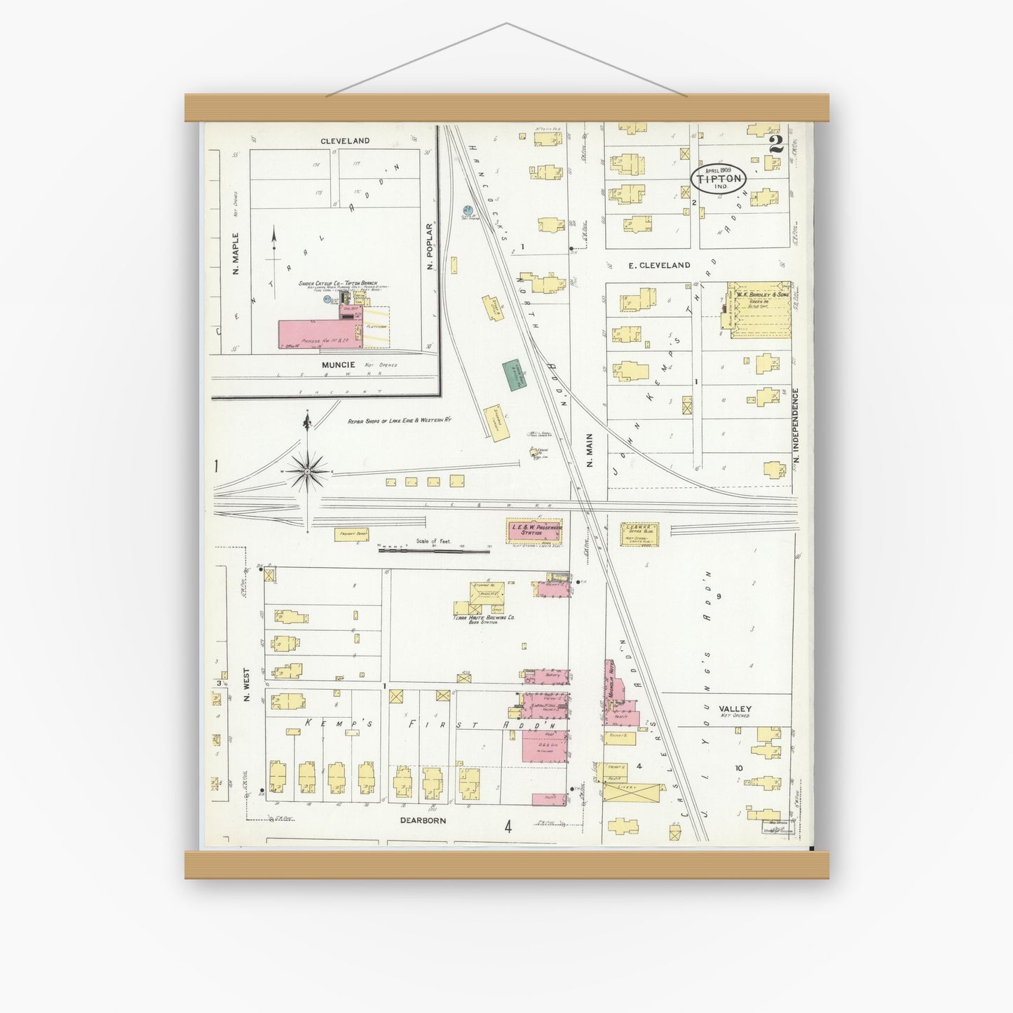 Old map wall art mockup — magnetic wood frame on white wall — Sanborn Fire Insurance Map from Tipton, Tipton County, Indiana (1909), Sheet #0002