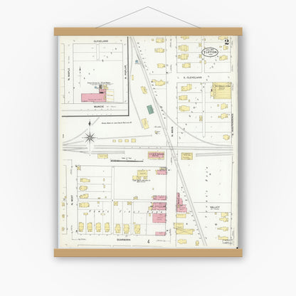 Old map wall art mockup — magnetic wood frame on white wall — Sanborn Fire Insurance Map from Tipton, Tipton County, Indiana (1909), Sheet #0002