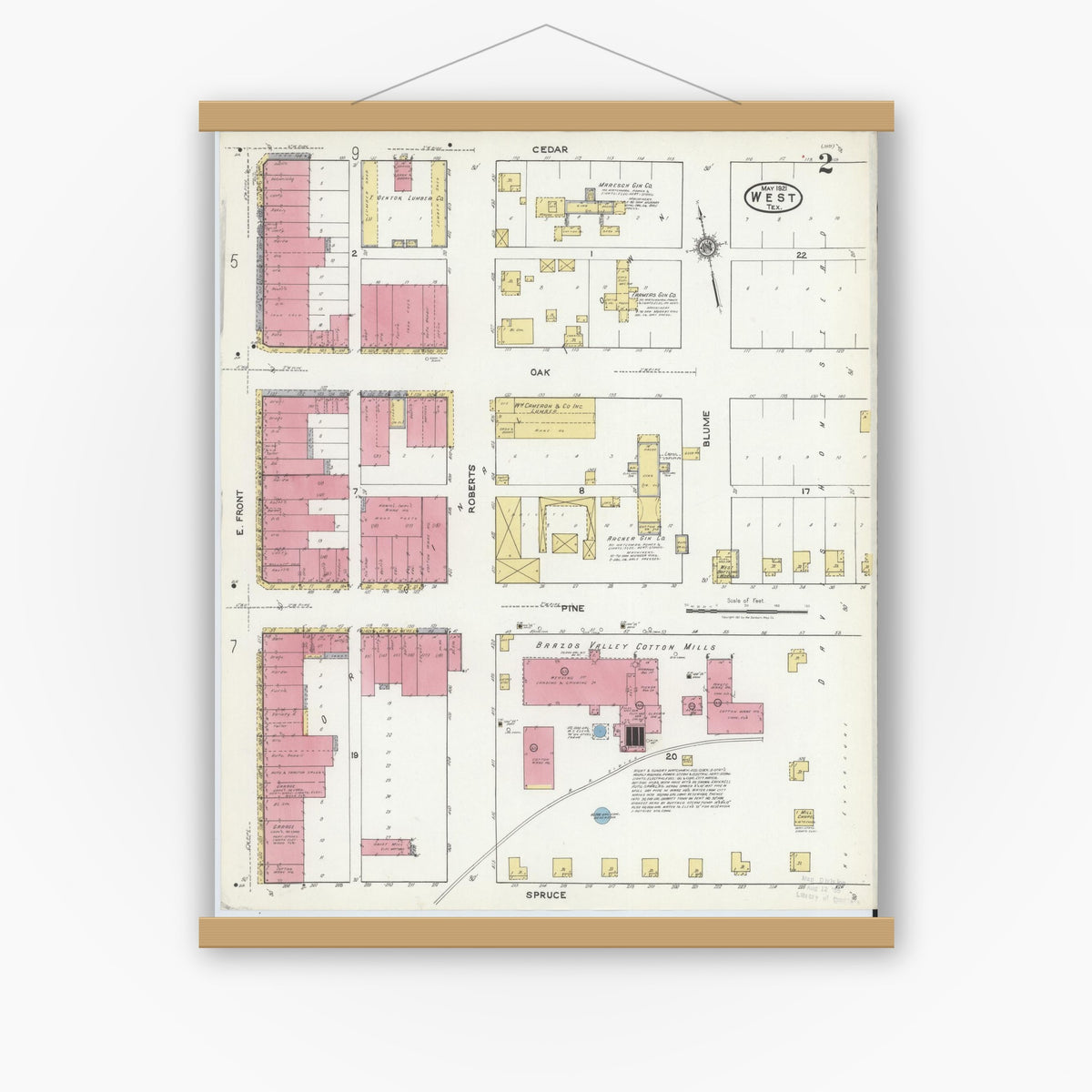 Old map wall art mockup — magnetic wood frame on white wall — Sanborn Fire Insurance Map from West, McLennan County, Texas (1921), Sheet #0002