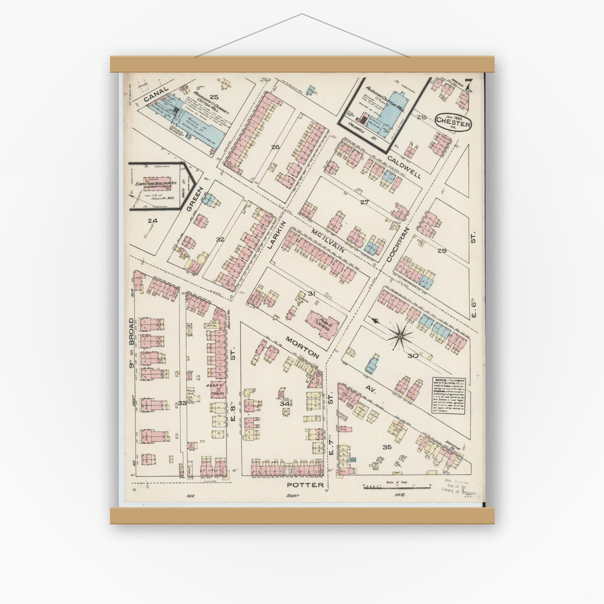 Old map wall art mockup — magnetic wood frame on white wall — Sanborn Fire Insurance Map from Chester, Delaware County, Pennsylvania (1885), Sheet #0007