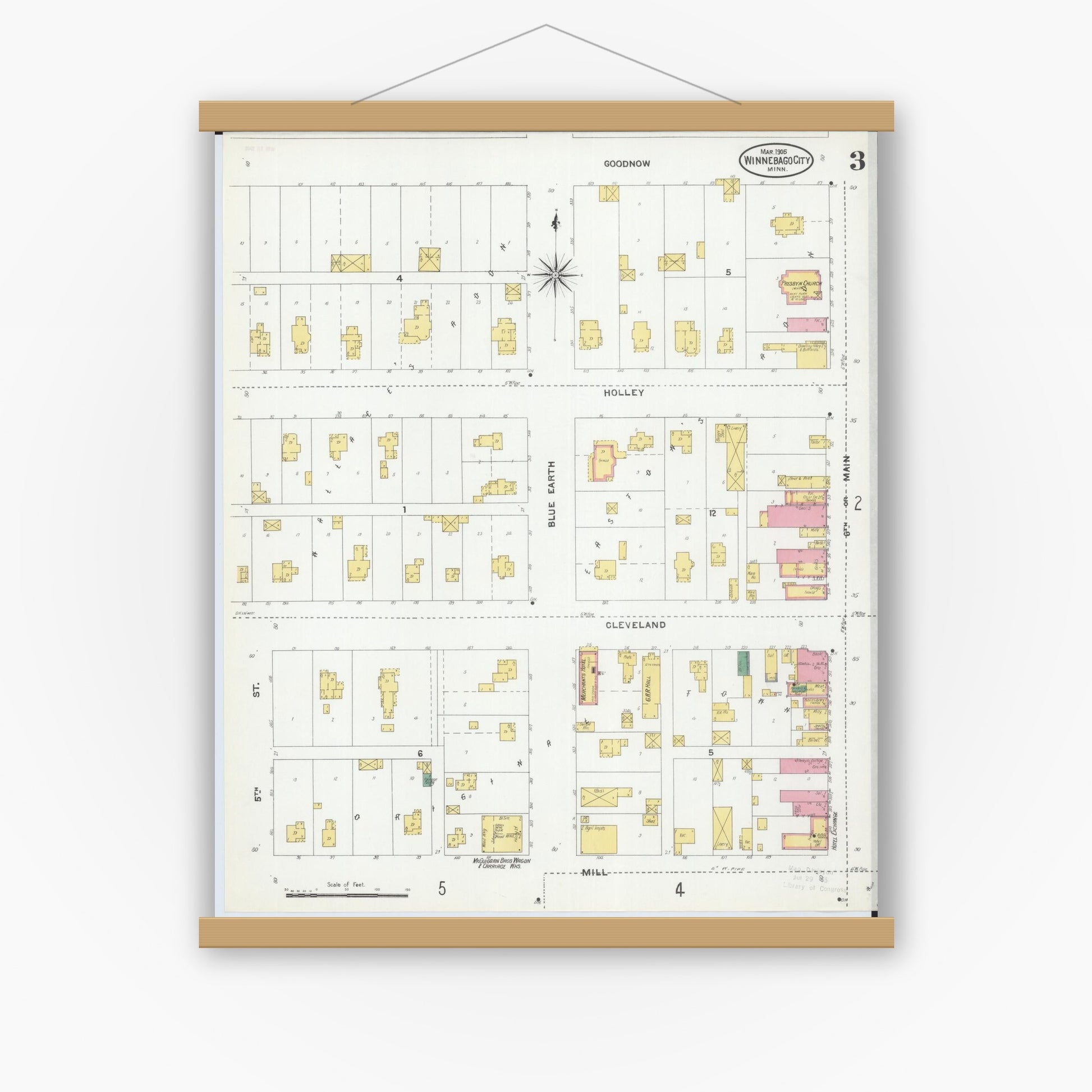 Old map wall art mockup — magnetic wood frame on white wall — Sanborn Fire Insurance Map from Winnebago, Faribault County, Minnesota (1905), Sheet #0003