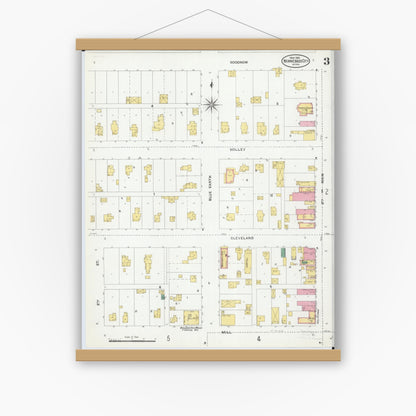 Old map wall art mockup — magnetic wood frame on white wall — Sanborn Fire Insurance Map from Winnebago, Faribault County, Minnesota (1905), Sheet #0003