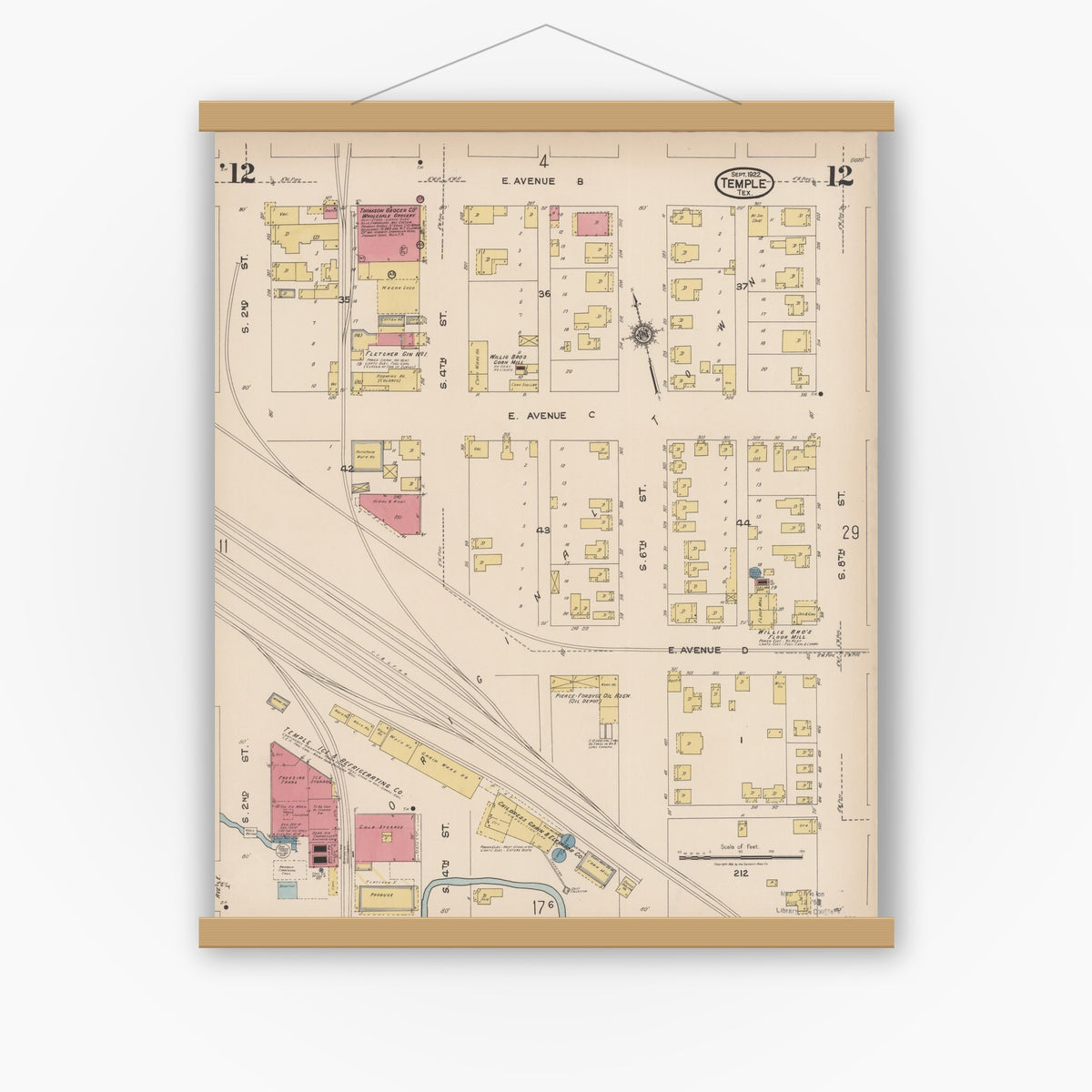 Old map wall art mockup — magnetic wood frame on white wall — Sanborn Fire Insurance Map from Temple, Bell County, Texas (1922), Sheet #0012
