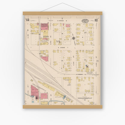 Old map wall art mockup — magnetic wood frame on white wall — Sanborn Fire Insurance Map from Temple, Bell County, Texas (1922), Sheet #0012