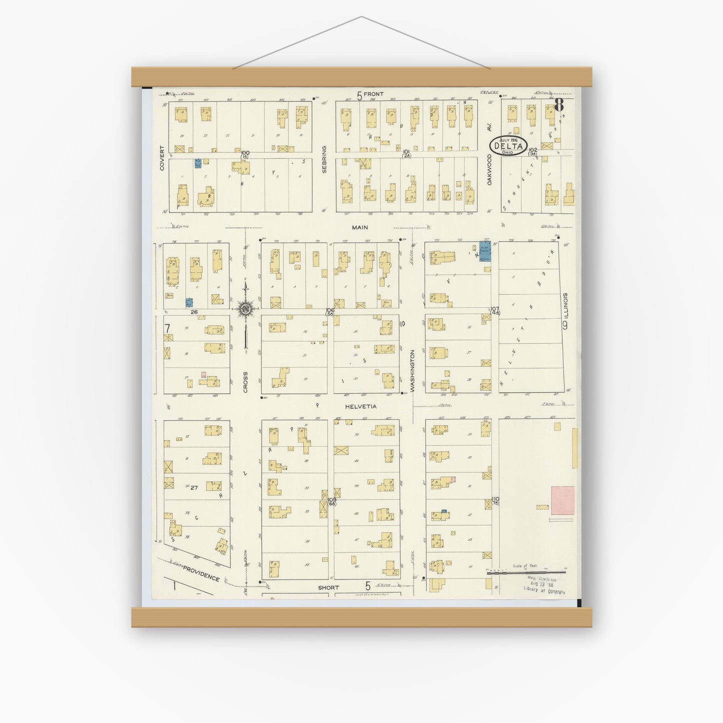 Old map wall art mockup — magnetic wood frame on white wall — Sanborn Fire Insurance Map from Delta, Fulton County, Ohio (1916), Sheet #0008