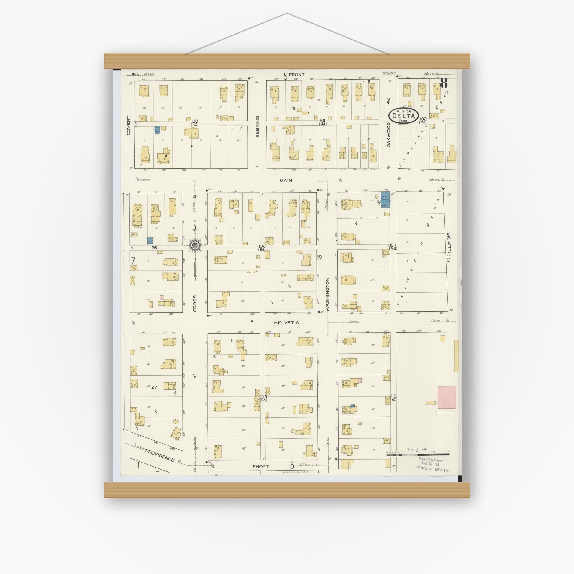 Old map wall art mockup — magnetic wood frame on white wall — Sanborn Fire Insurance Map from Delta, Fulton County, Ohio (1916), Sheet #0008