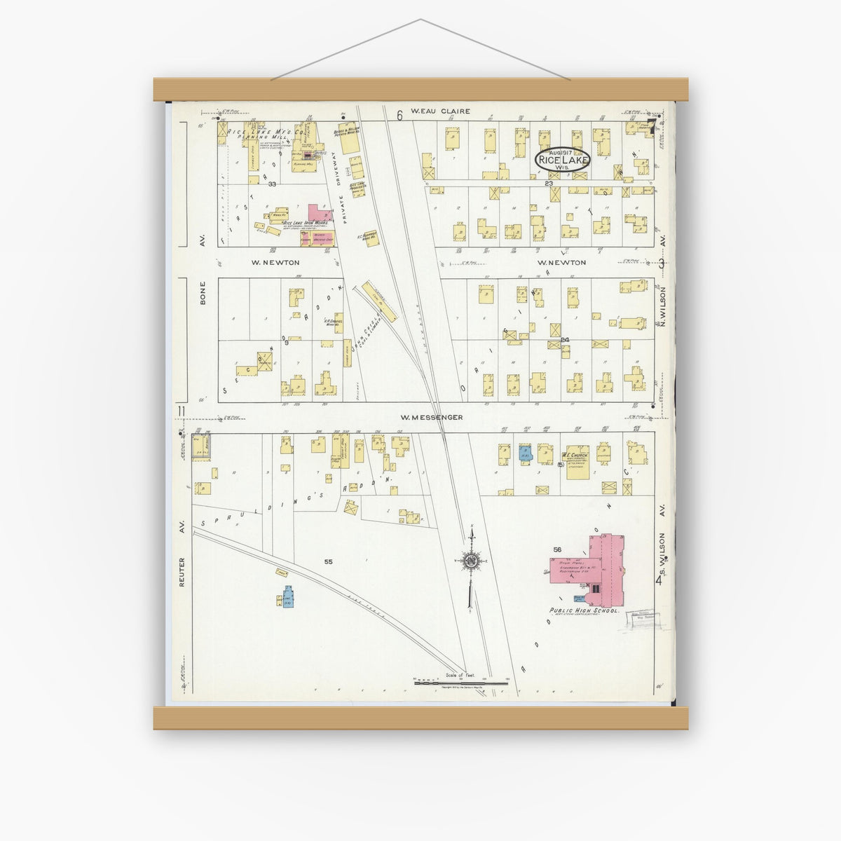 Old map wall art mockup — magnetic wood frame on white wall — Sanborn Fire Insurance Map from Rice Lake, Barron County, Wisconsin (1917), Sheet #0007
