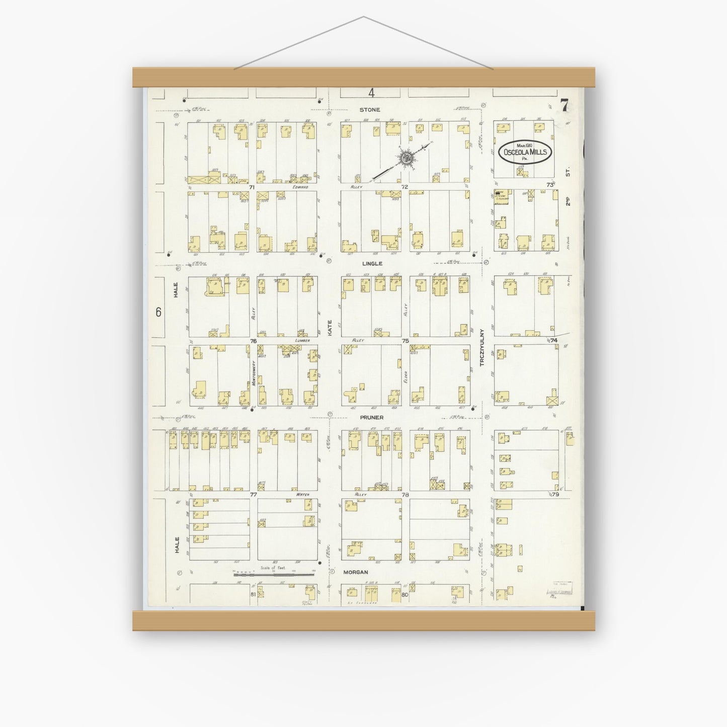 Old map wall art mockup — magnetic wood frame on white wall — Sanborn Fire Insurance Map from Osceola Mills, Clearfield County, Pennsylvania (1910), Sheet #0007