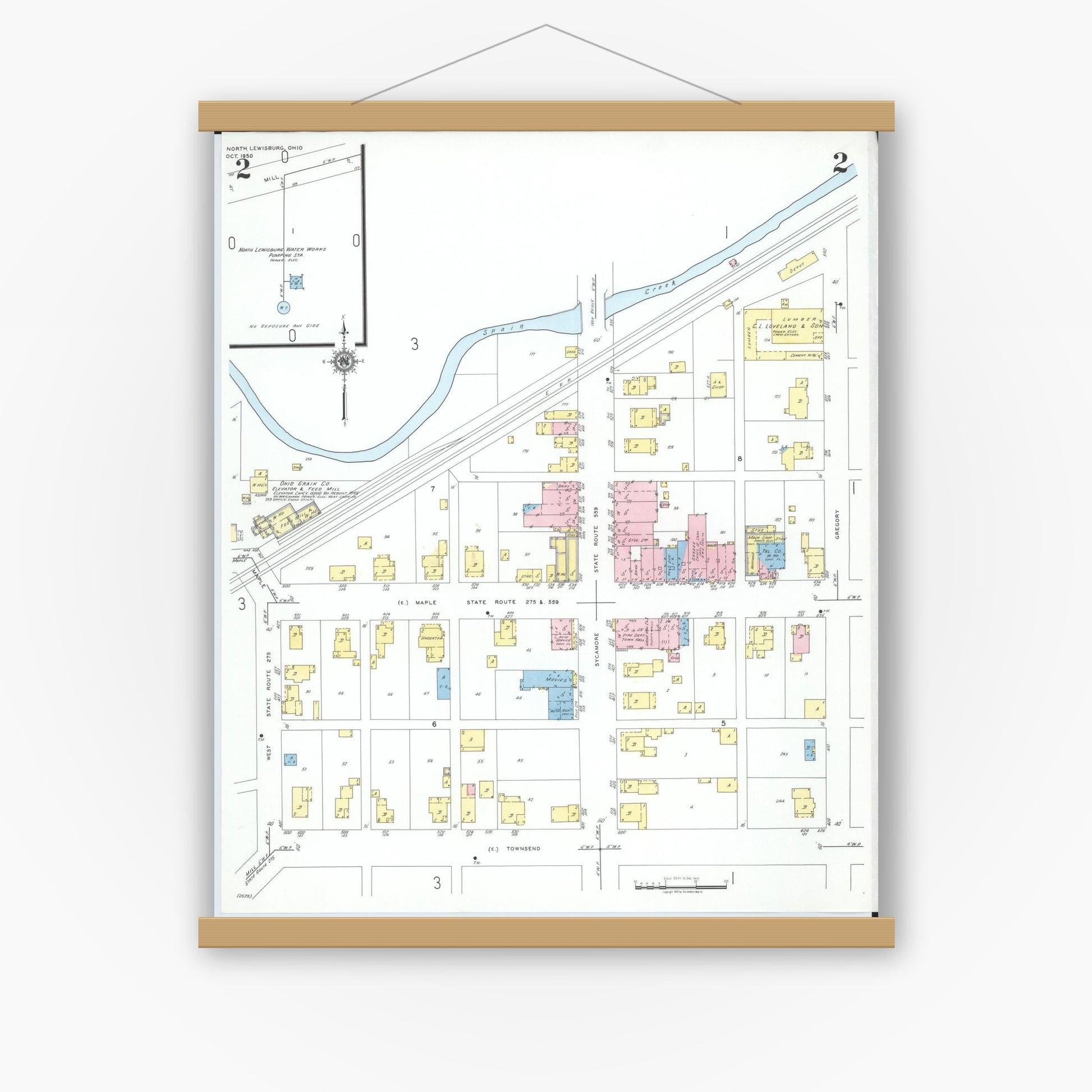 Old map wall art mockup — magnetic wood frame on white wall — Sanborn Fire Insurance Map from North Lewisburg, Champaign County, Ohio (1950), Sheet #0002