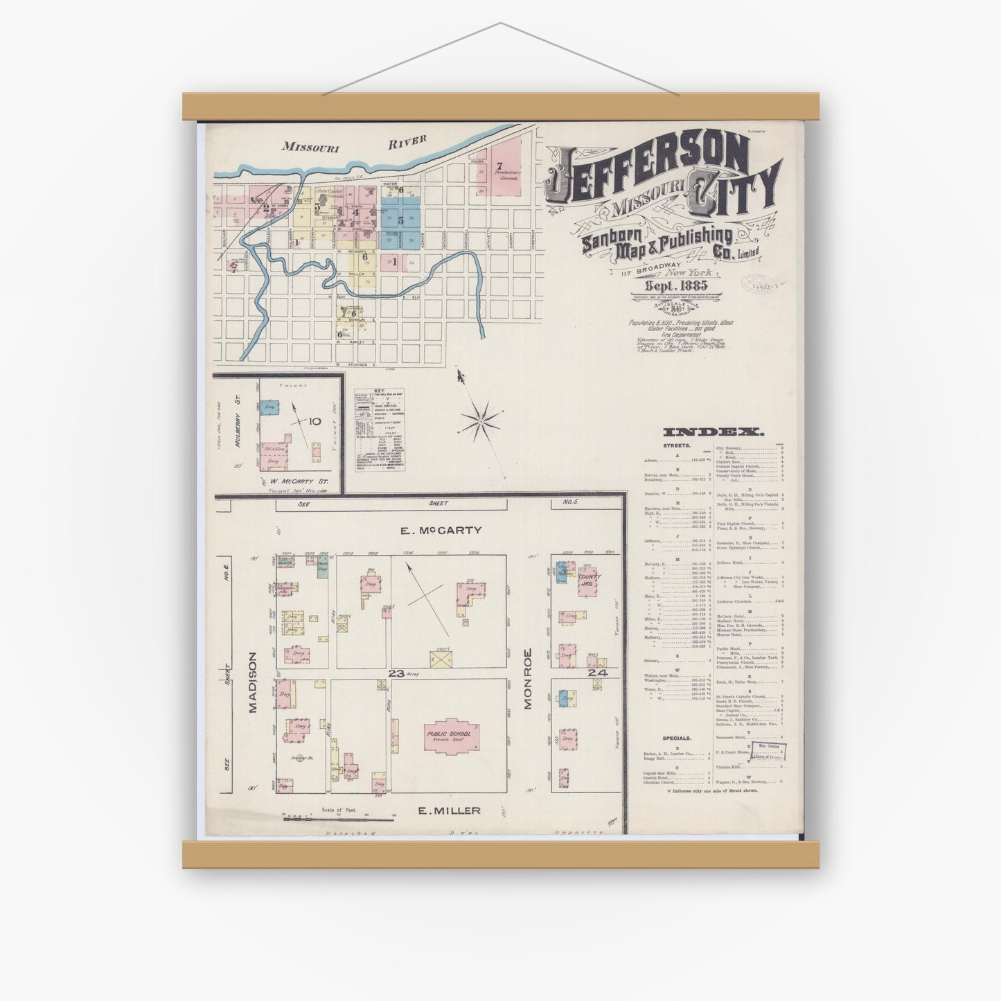 Old map wall art mockup — magnetic wood frame on white wall — Sanborn Fire Insurance Map from Jefferson City, Cole County, Missouri (1885) - Complete Map Set