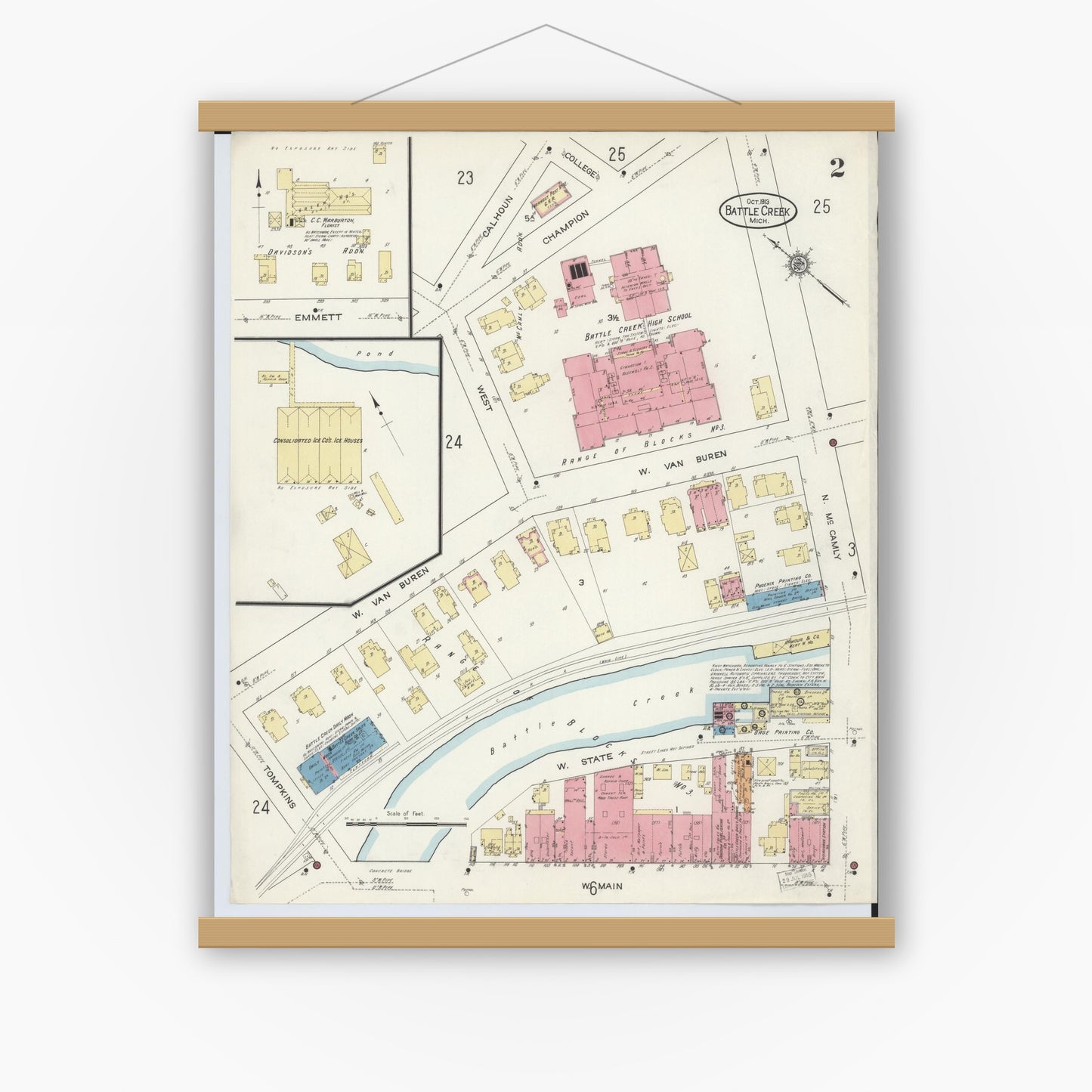 Old map wall art mockup — magnetic wood frame on white wall — Sanborn Fire Insurance Map from Battle Creek, Calhoun County, Michigan (1913), Sheet #0002
