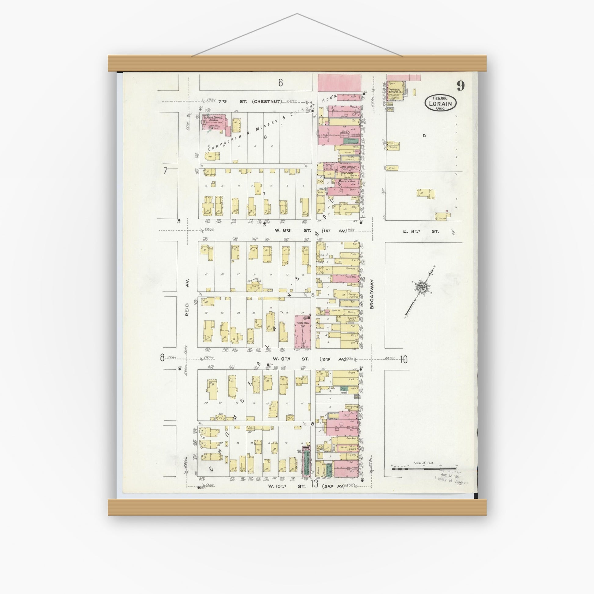 Old map wall art mockup — magnetic wood frame on white wall — Sanborn Fire Insurance Map from Lorain, Lorain County, Ohio (1910), Sheet #0009