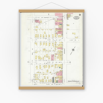 Old map wall art mockup — magnetic wood frame on white wall — Sanborn Fire Insurance Map from Lorain, Lorain County, Ohio (1910), Sheet #0009