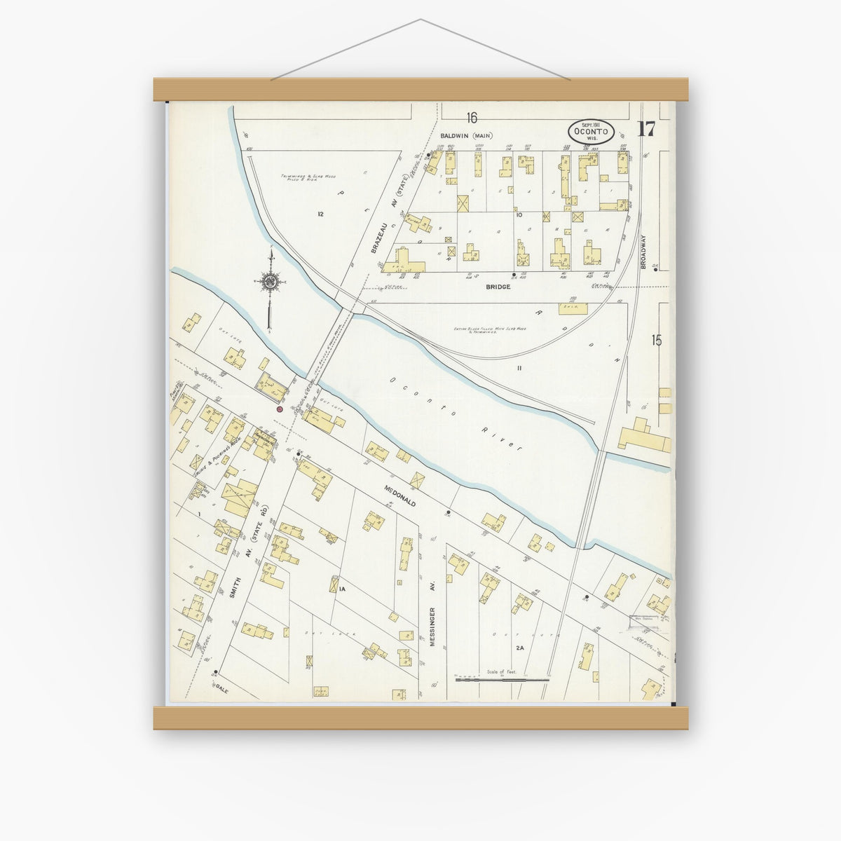 Old map wall art mockup — magnetic wood frame on white wall — Sanborn Fire Insurance Map from Oconto, Oconto County, Wisconsin (1911), Sheet #0017