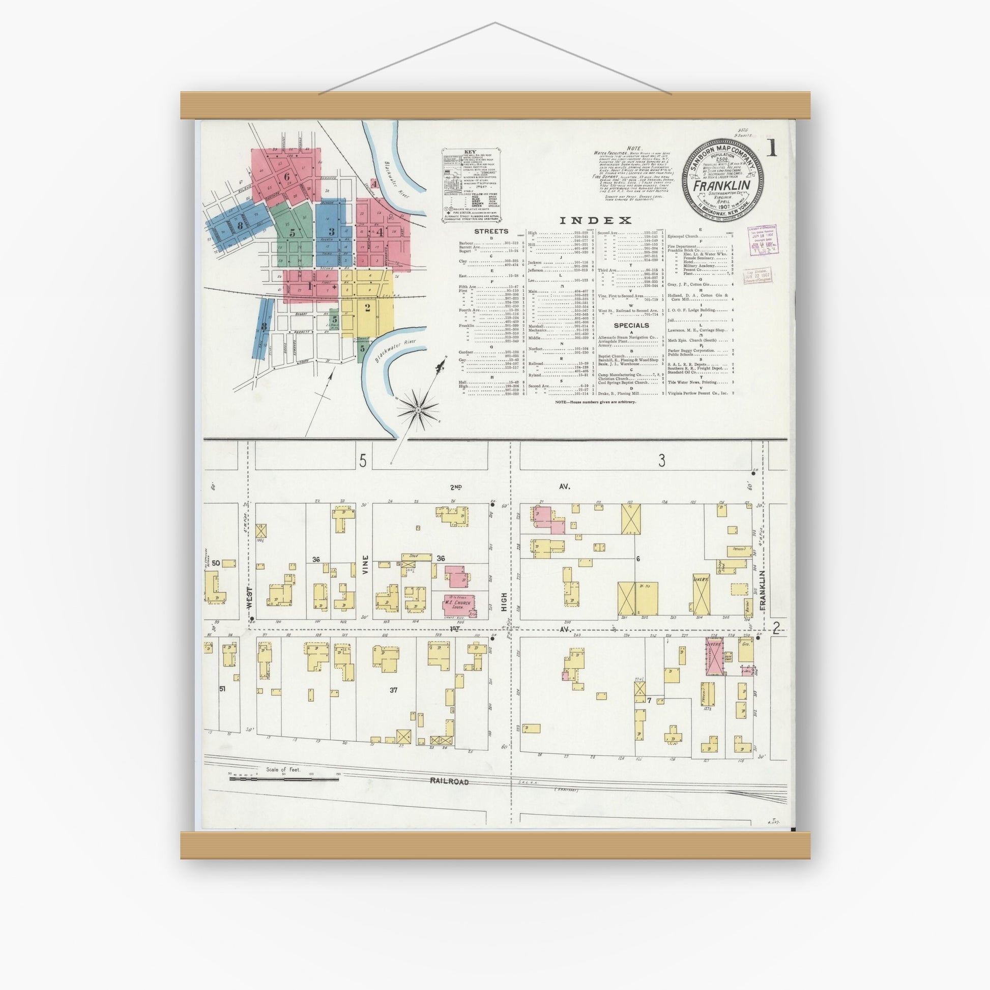 Old map wall art mockup — magnetic wood frame on white wall — Sanborn Fire Insurance Map from Franklin, Independent Cities, Virginia (1907) - Complete Map Set