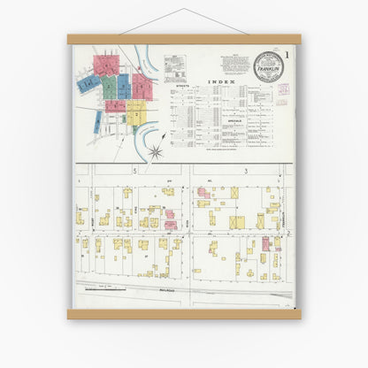 Old map wall art mockup — magnetic wood frame on white wall — Sanborn Fire Insurance Map from Franklin, Independent Cities, Virginia (1907) - Complete Map Set