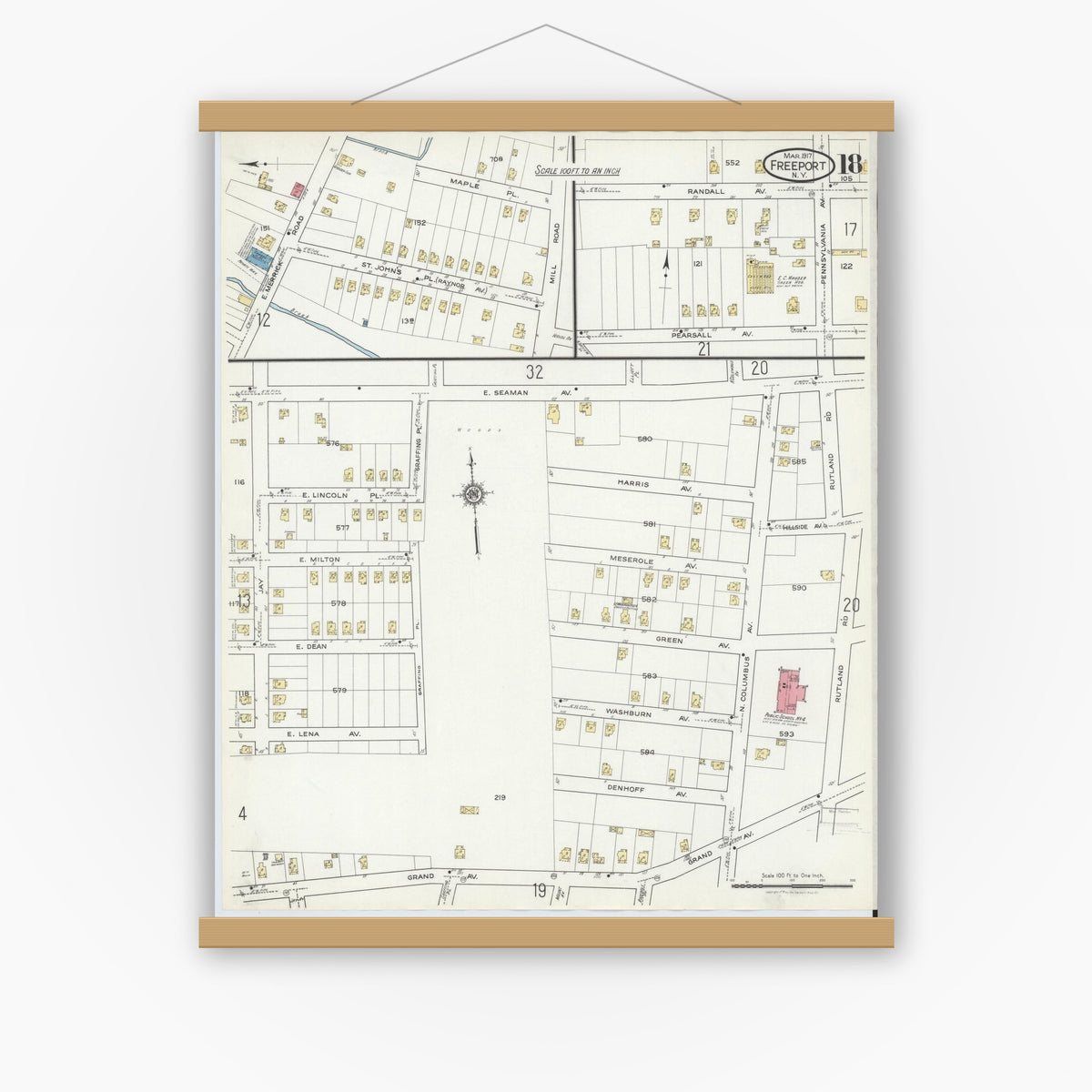 Old map wall art mockup — magnetic wood frame on white wall — Sanborn Fire Insurance Map from Freeport, Nassau County, New York (1917), Sheet #0018