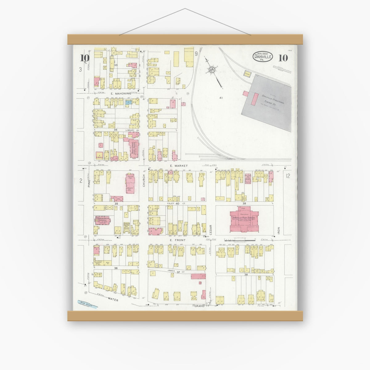 Old map wall art mockup — magnetic wood frame on white wall — Sanborn Fire Insurance Map from Danville, Montour County, Pennsylvania (1930), Sheet #0010