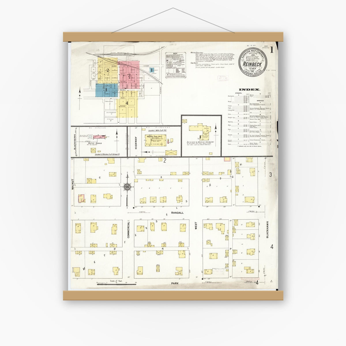 Old map wall art mockup — magnetic wood frame on white wall — Sanborn Fire Insurance Map from Reinbeck, Grundy County, Iowa (1911) â€” Complete Set