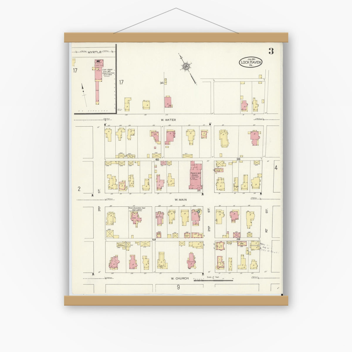 Old map wall art mockup — magnetic wood frame on white wall — Sanborn Fire Insurance Map from Lock Haven, Clinton County, Pennsylvania (1914), Sheet #0003
