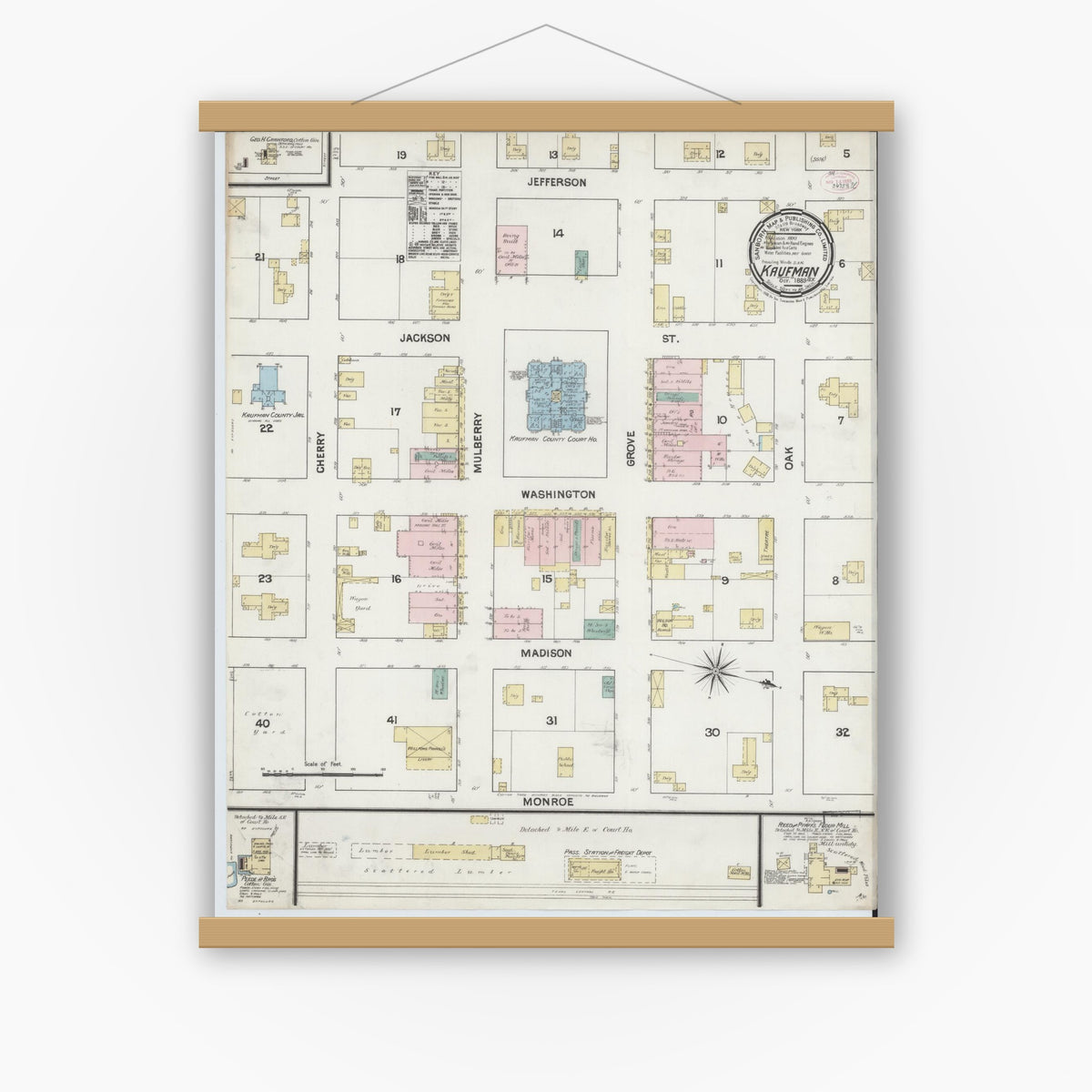 Old map wall art mockup — magnetic wood frame on white wall — Sanborn Fire Insurance Map from Kaufman, Kaufman County, Texas (1889), Sheet #0001