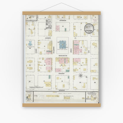 Old map wall art mockup — magnetic wood frame on white wall — Sanborn Fire Insurance Map from Kaufman, Kaufman County, Texas (1889), Sheet #0001
